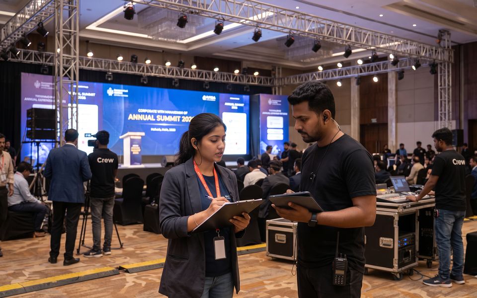 Event crew coordinating at a corporate summit