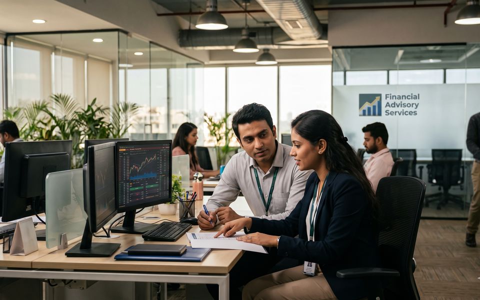 Advisors reviewing figures in a finance office