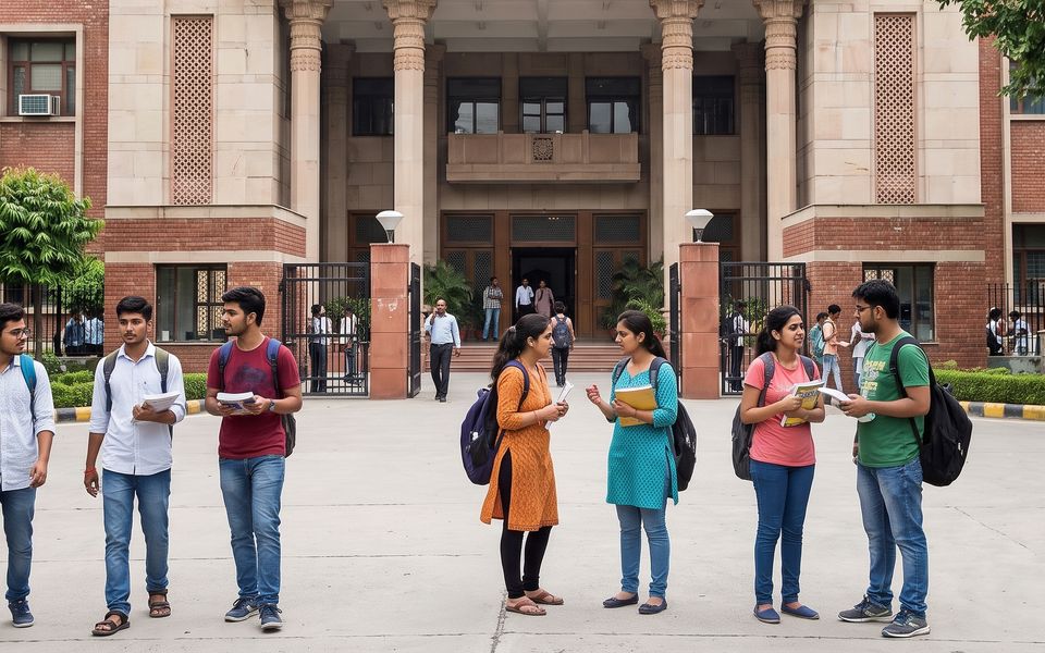Students outside a college building