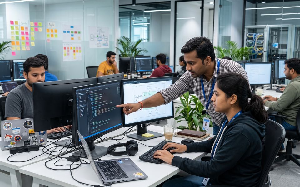 Engineers collaborating in an IT services office