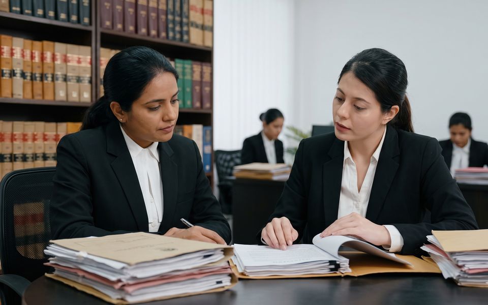 Lawyers reviewing case files in a law office