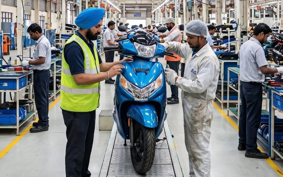 Technicians assembling scooters on a factory line