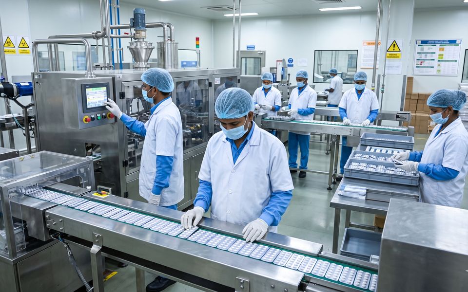 Technicians on a pharmaceutical packaging line